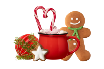Red white candy canes with marshmallow in ceramic cup of hot chocolate drink, christmas ball, fir branch, gingerbread man and star cookie isolated on white background.