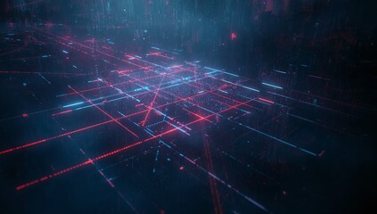 Pulsing neon grid crossing red and blue lines in cyberspace, with light streaks and data particles