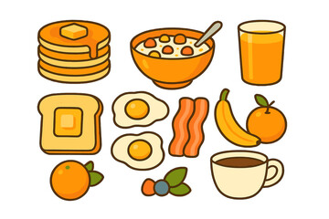 Assortment of popular morning meal items featuring pancakes, fried eggs, bacon, toast, cereal, and fruit