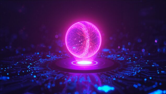 Pulsating orb hovering above pedestal on circuit board, with electronic traces and blue LEDs - Powered by Adobe
