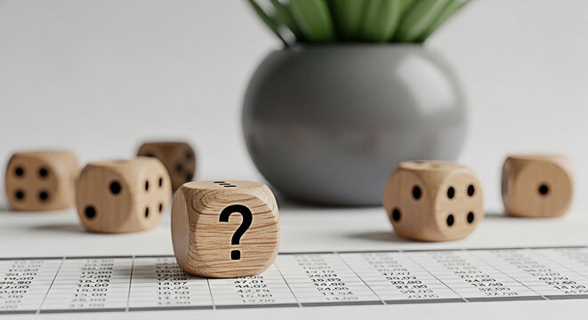 Wooden dice with a question mark and numbers on a spreadsheet suggest uncertainty in finance and business analysis and strategic planning