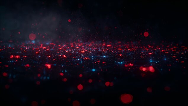 Pulsing abstract network spanning digital space, with glowing red particles and blue sparks