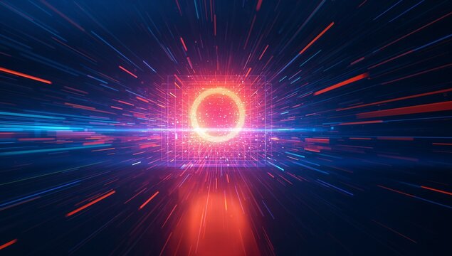 Rotating glowing core pulsing inside semi-transparent grid cube at data tunnel, with light streaks