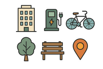 Flat design symbols for urban sustainability including city building, EV charging, bicycle, tree, bench, and map pin