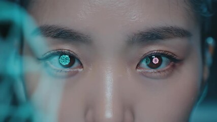 Woman activates augmented reality on eyes with holographic overlays. Digital interface scans vision in cyber environment. Futuristic technology and virtual data visualization footage. - Powered by Adobe