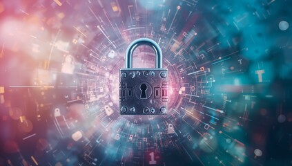 Hovering metallic padlock rotating inside swirling digital vortex, with circuitry and code symbols