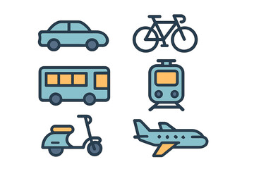 Travel and public transit symbols including car, bus, rail, bike, scooter, and aircraft