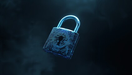 Shining stylized metallic padlock revealing circuit board patterns in digital space, with blue glow