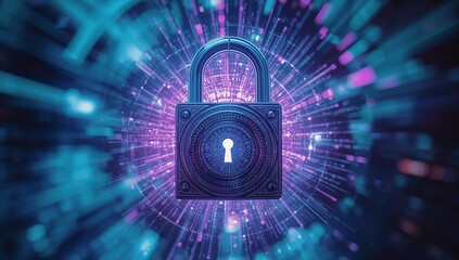 Hovering 3D metallic padlock showing glowing keyhole in virtual network, with cybersecurity theme