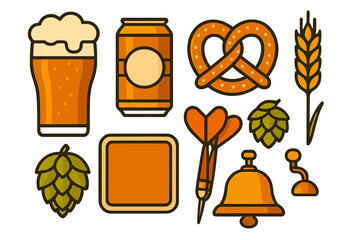 Traditional German festival items including beer glass, pretzel, hops, wheat, and pub accessories