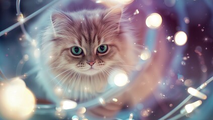 Long-haired tabby cat peering through glowing LED wires in living room, with dreamy sparkles
