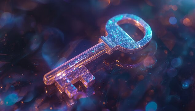 Resting ornate metal key diagonally on dark reflective tabletop, with shimmering bokeh highlights - Powered by Adobe