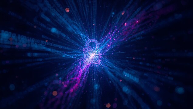 Pulsing digital keyhole rotating in virtual data void, with binary code streams and floating orbs