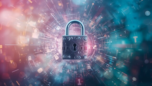 Hovering metallic padlock rotating inside swirling digital vortex, with circuitry and code symbols