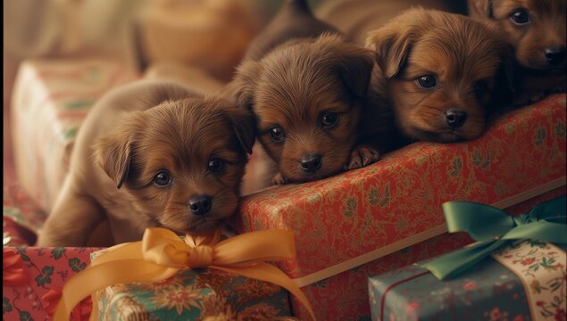 Nestling brown puppies with paws on gift in living room, with patterned paper, ribbons and bows