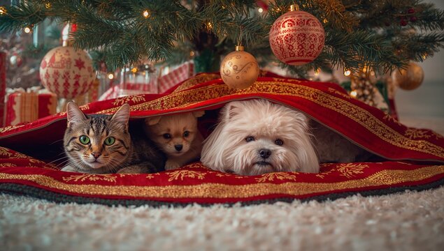 Snuggling tabby cat, tan puppy, fluffy dog under Christmas tree at home, with gift boxes