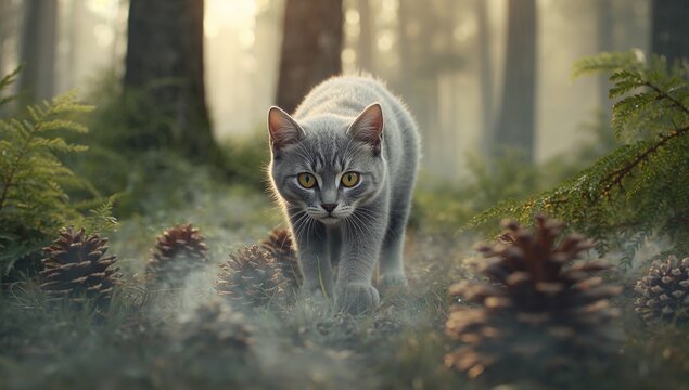 Prowling gray short-haired cat moving through misty forest floor, with moss, ferns and pine cones - Powered by Adobe