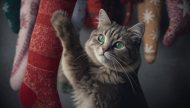 Standing on hind legs grey tabby cat touching red stocking on home mantel, stockings on hooks - Powered by Adobe