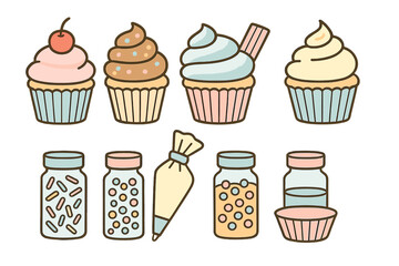 Sweet pastel cupcakes, frosting, sprinkles, and baking supplies for dessert preparation