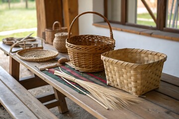 Variety of handmade wicker baskets and wheat stalks on wooden table