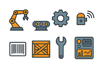 Industrial automation and manufacturing elements including robotic arm, gear, wrench, and control panel