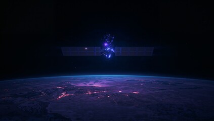 Orbiting satellite with solar arrays floating above Earth in low orbit, with central glowing module