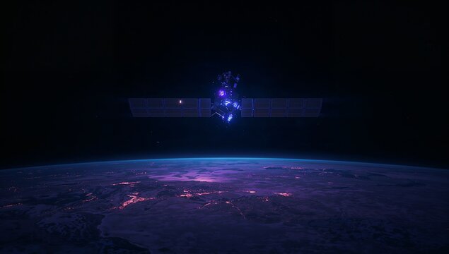 Orbiting satellite with solar arrays floating above Earth in low orbit, with central glowing module