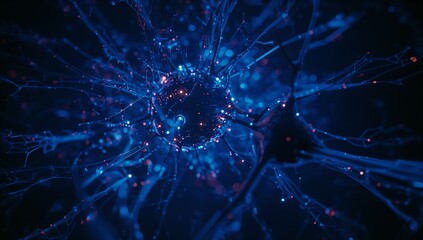 Radiating glowing sphere sending branching connectors in digital network space, with blue red dots