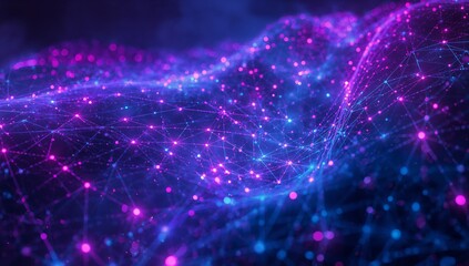 Showing mesh grid surface undulating in digital space, with glowing nodes and neon connecting lines