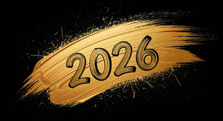Golden brush stroke with the year 2026 written on a black background