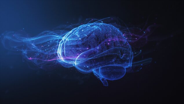 Rotating glowing brain wireframe showing neon blue light trails in dark void, with particles