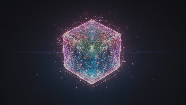 Hovering wireframe cube drifting in dark digital void, with neon fiber currents swirling - Powered by Adobe