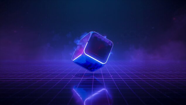 Hovering metallic cube glowing with neon purple edges above digital grid, with swirling fog, stars - Powered by Adobe