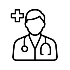 Minimal black and white icon of a doctor with stethoscope and medical cross. Symbolic healthcare illustration for apps, websites, clinics, and informational materials.