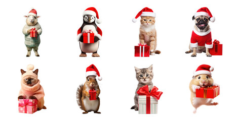 Fototapeta premium PNG Festive animals holding gifts, element set on transparent background