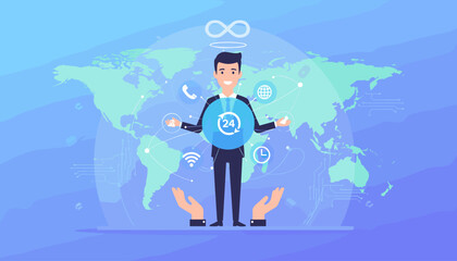 A smiling businessman stands in front of a world map, surrounded by icons representing 24/7 customer service, global connectivity, communication, Wi-Fi, and time, symbolizing worldwide business