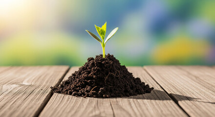 Green Growth Concept &ndash; Seedling on Wooden Table with Soft Morning Light