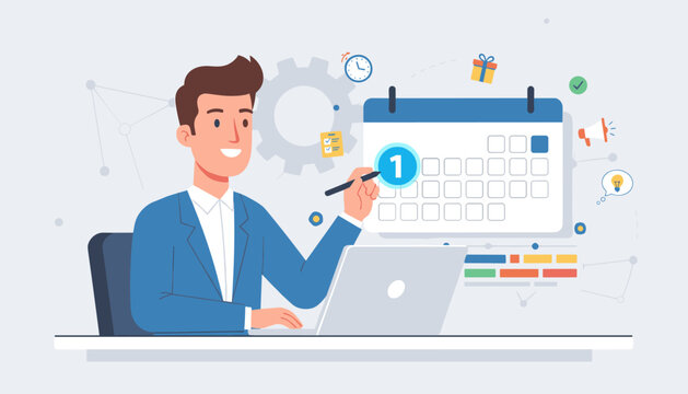 Smiling businessman in blue suit actively scheduling a digital calendar on his laptop, surrounded by business icons like a clock, gift, checklist, and lightbulb, representing planning and