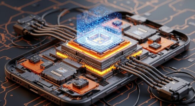 Computer motherboard repair with visible chips and electronic components closeup - Powered by Adobe