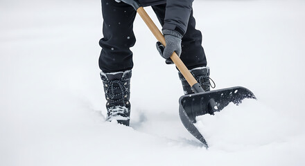 Naklejka premium Clearing Snow with a Shovel - Winter Snow Removal Activity in Snowy Environment