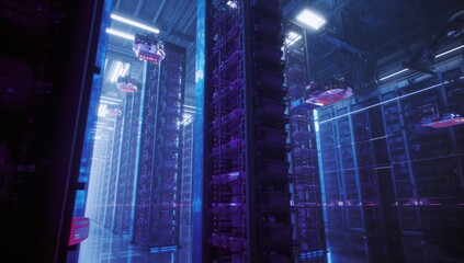 Server racks glowing under neon light in data center hall, with hovering drones carrying modules