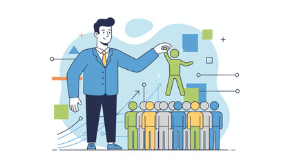 A stylized illustration depicts an HR manager or employer selecting a standout candidate from a diverse group of people, symbolizing recruitment, talent acquisition, and career advancement in a