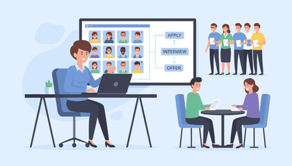 Fototapeta premium Modern hiring and recruitment concept presentation showcasing a streamlined process from application to interview and offer, with a recruiter managing candidates on a laptop and a team of applicants