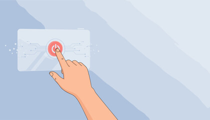 Close-up of a human hand pressing a red power button on a transparent virtual screen with glowing circuit lines and digital particles, symbolizing technology, control, and the end of a process.