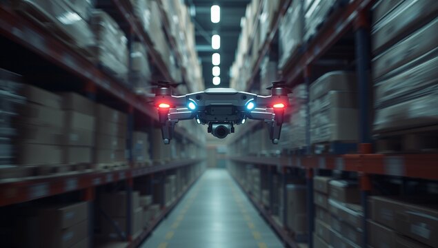 Hovering compact quadcopter drone navigating warehouse aisle, guided by guide lines and LED lights