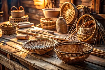 Handmade woven baskets and weaving supplies on a rustic wooden table