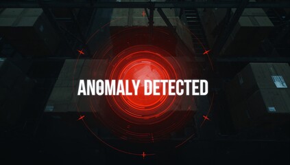 Red HUD displaying white anomaly detected text in warehouse with metal shelving racks and boxes
