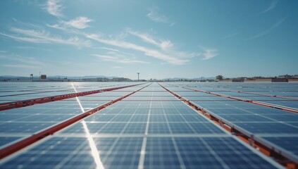 Reflecting photovoltaic panels spanning solar farm, with red rails, utility poles and factory roofs