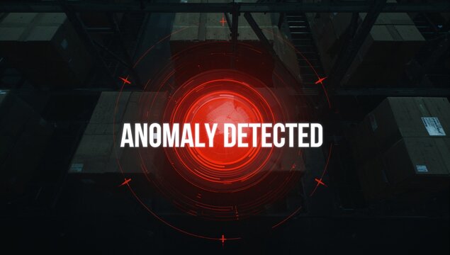 Red HUD displaying white anomaly detected text in warehouse with metal shelving racks and boxes