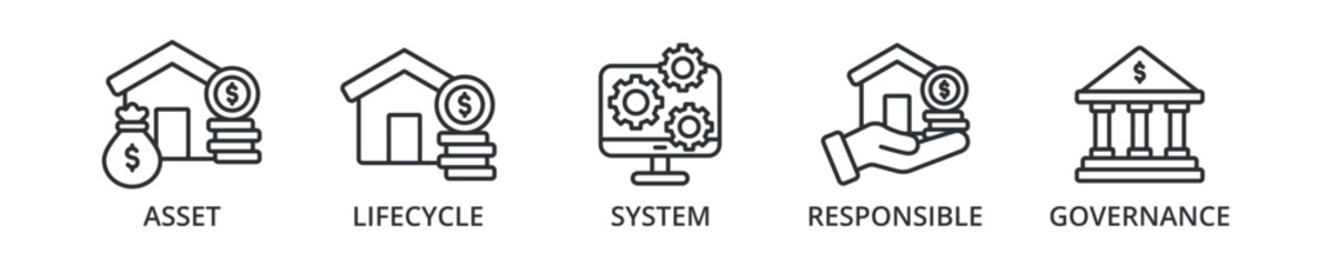 Asset manager banner icon with qualification, purpose, value, certification, manager